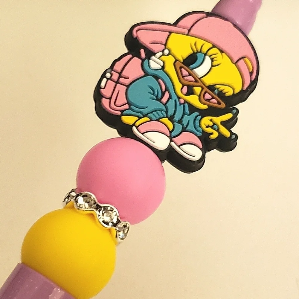 Handmade Glitter Rainbow Cool Tweety Bird Beaded Silicone Focal Bead Pen
